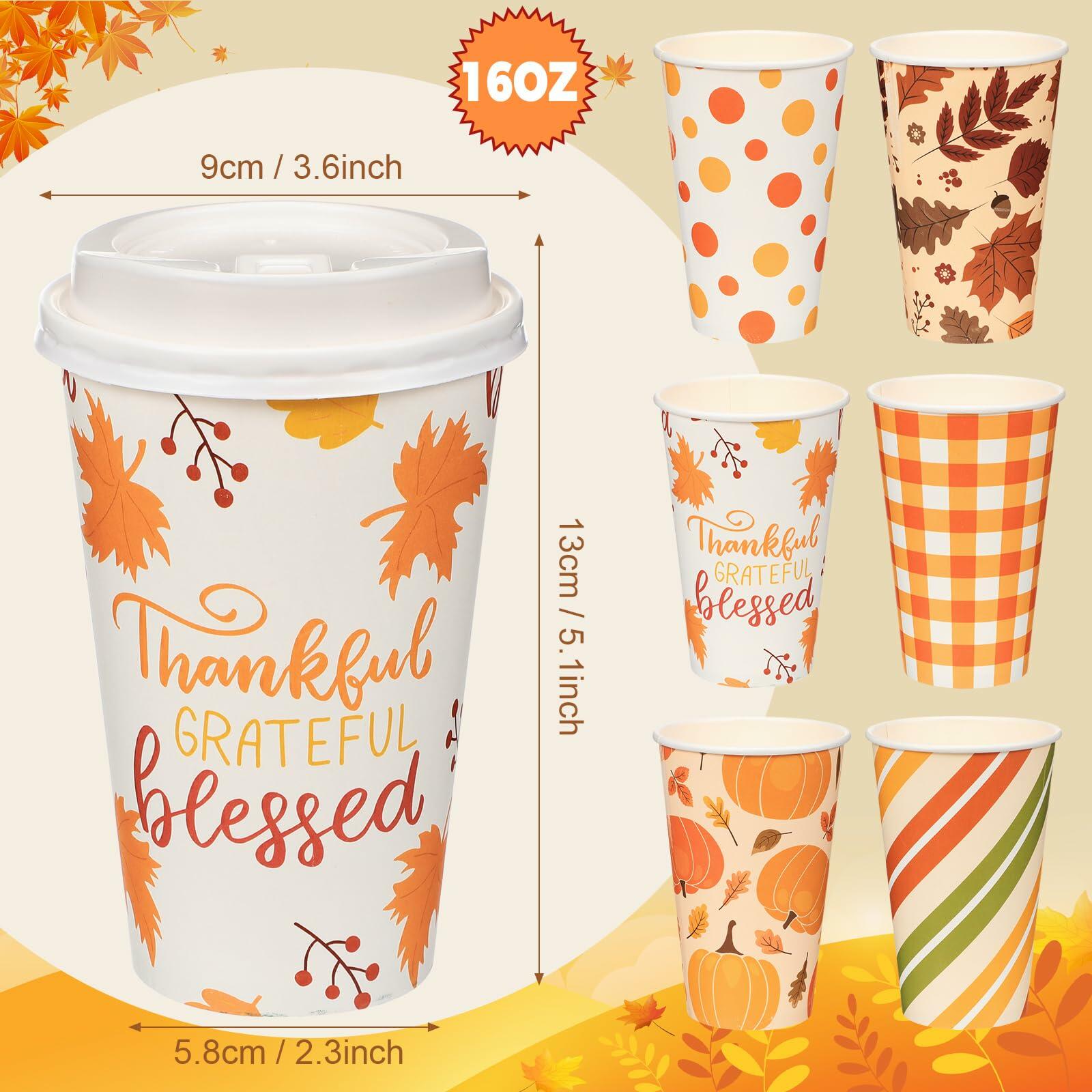 Umigy 60 Pack 16oz Fall Paper Coffee Cups with Lids & Stirrers 6 Designs
