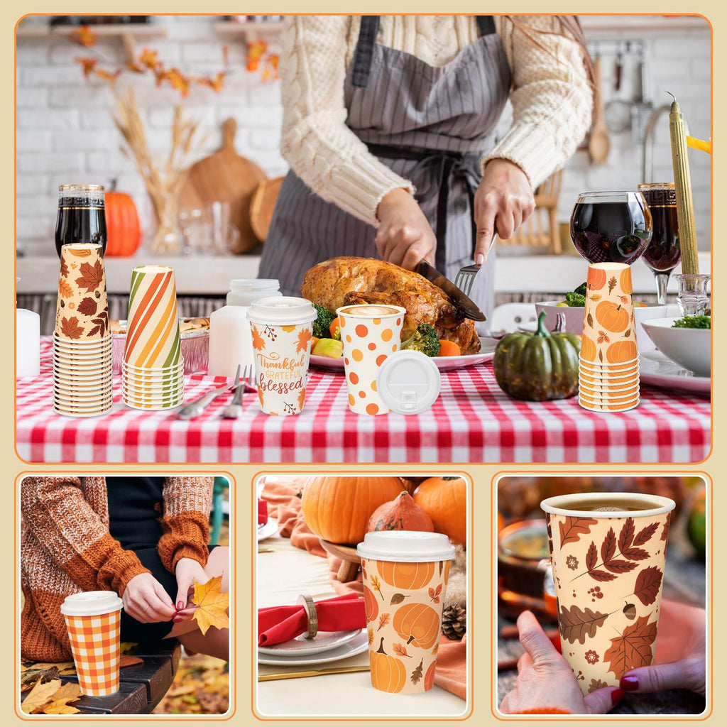 Umigy 60 Pack 16oz Fall Paper Coffee Cups with Lids & Stirrers 6 Designs
