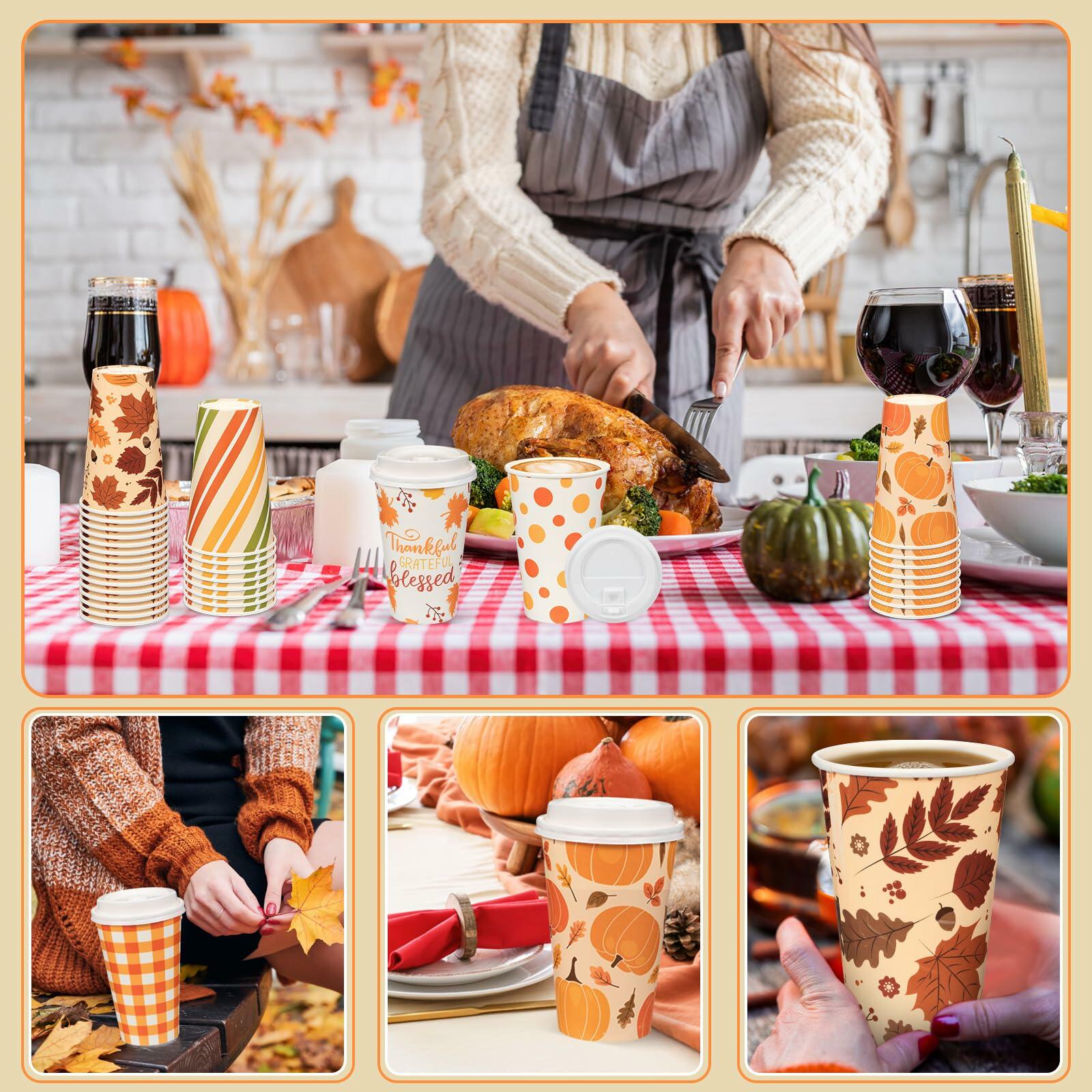 Umigy 60 Pack 16oz Fall Paper Coffee Cups with Lids & Stirrers 6 Designs