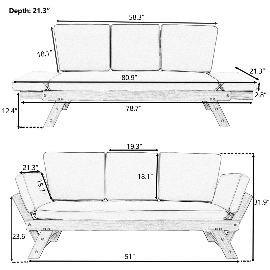 Outdoor Adjustable Wooden Patio Daybed Sofa With Cushions (SAK41345)