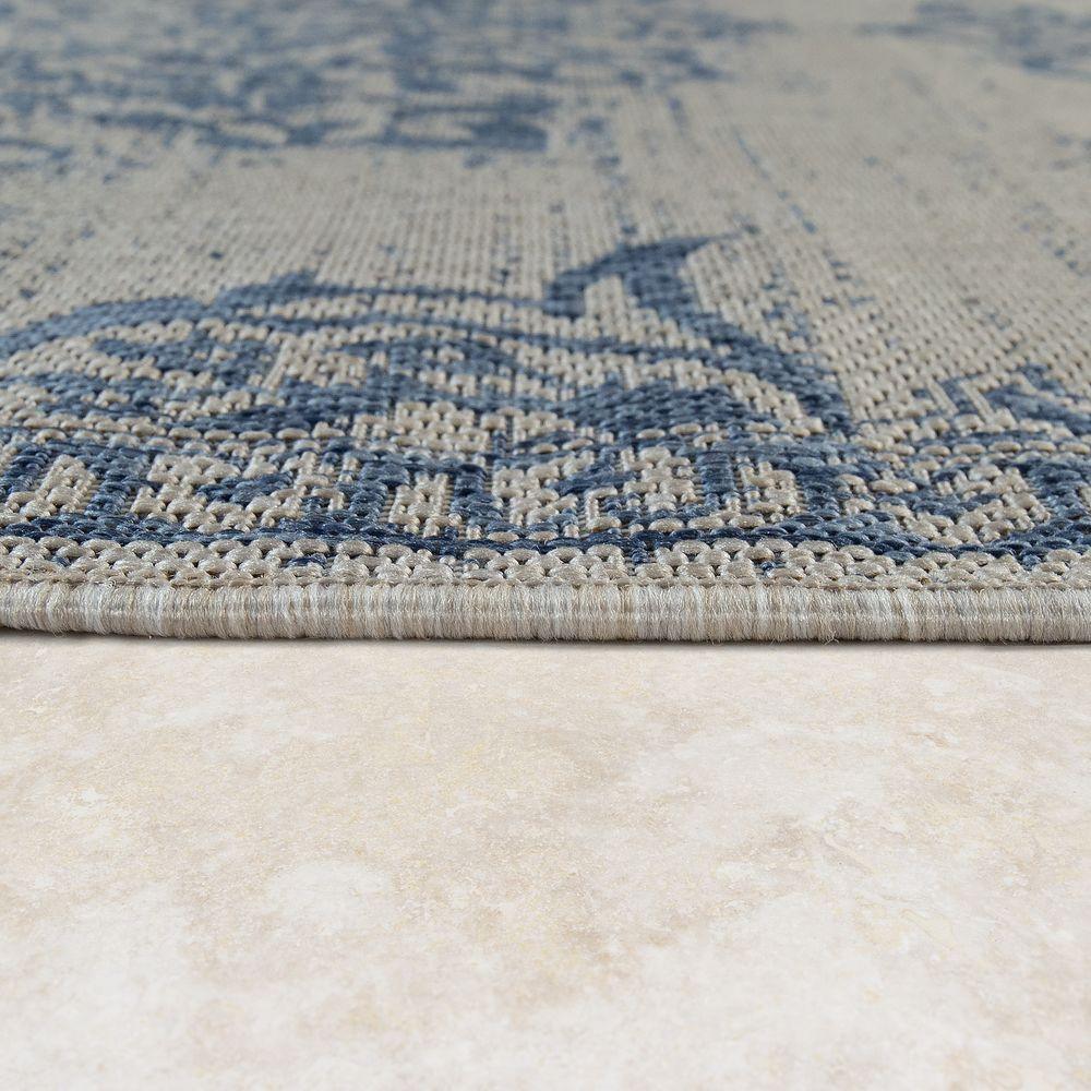 Outdoor Rug Blue Beige Oriental Design Floral Pattern Balcony Living Room
