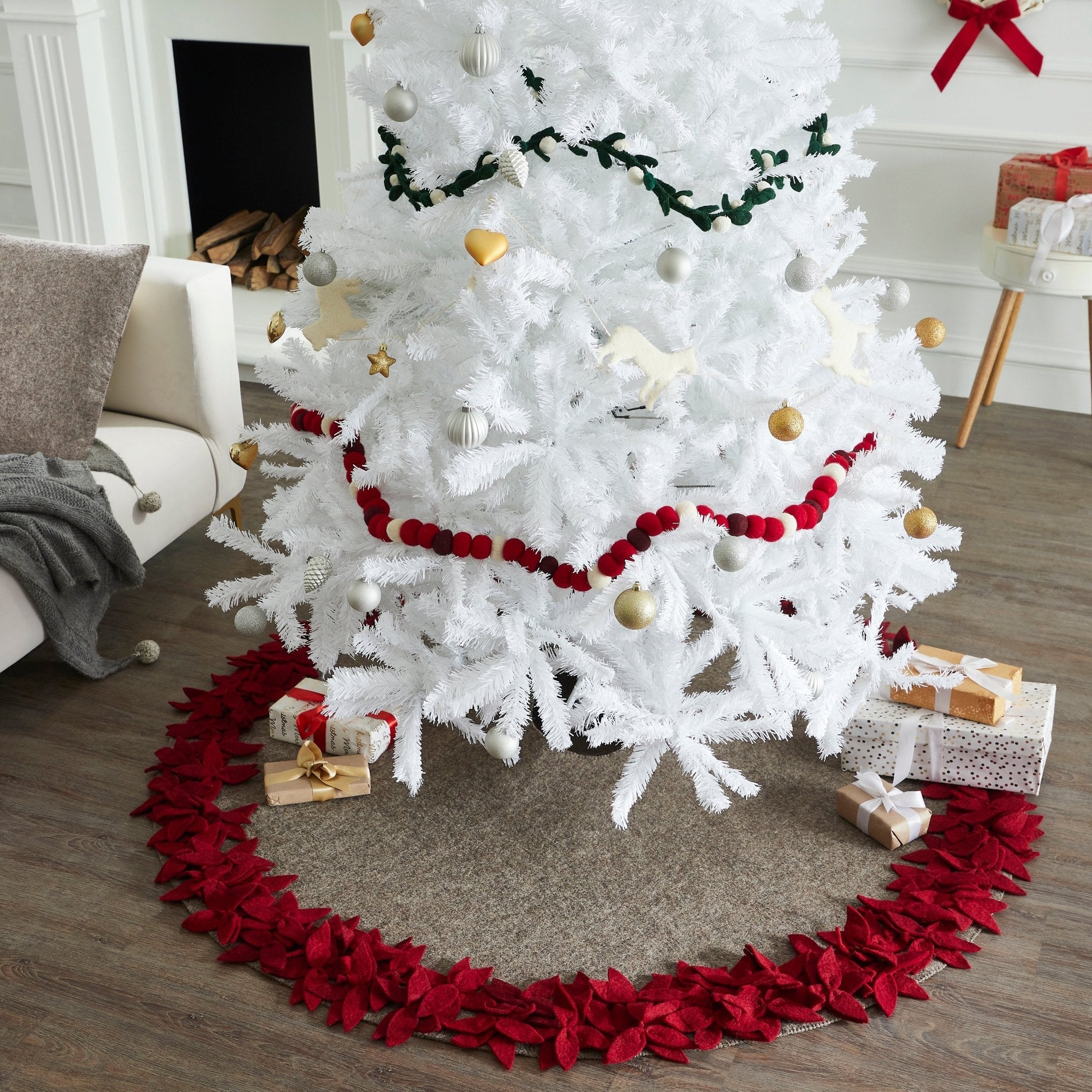 Handmade Overlapping Flowers Christmas Tree Skirt - Natural Red-60" Arcadia Home