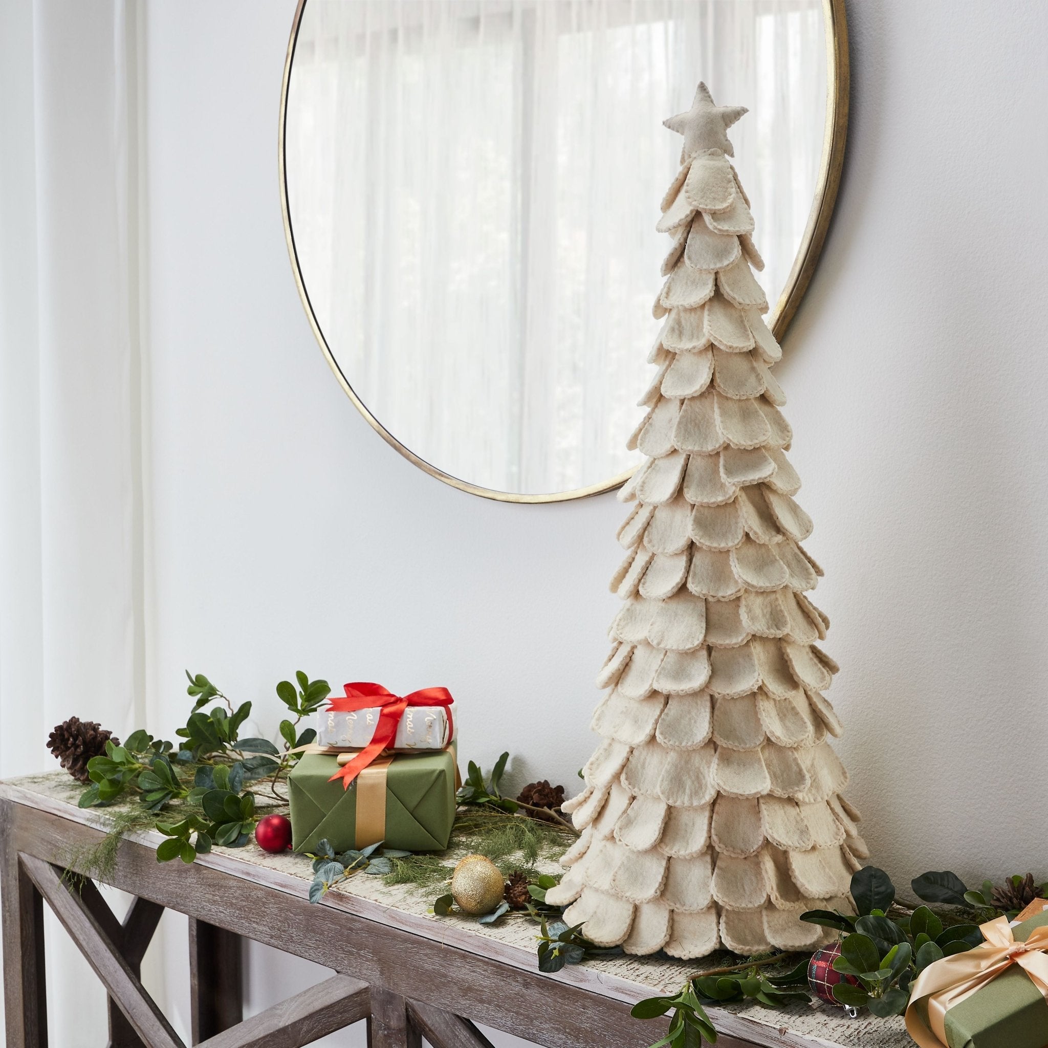 Pair of Handmade Cream Tabletop Christmas Trees Hand Felted Wool- XL- 26" and 36" Arcadia Home