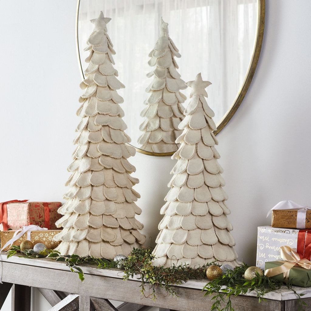 Pair of Handmade Cream Tabletop Christmas Trees Hand Felted Wool- XL- 26" and 36" Arcadia Home