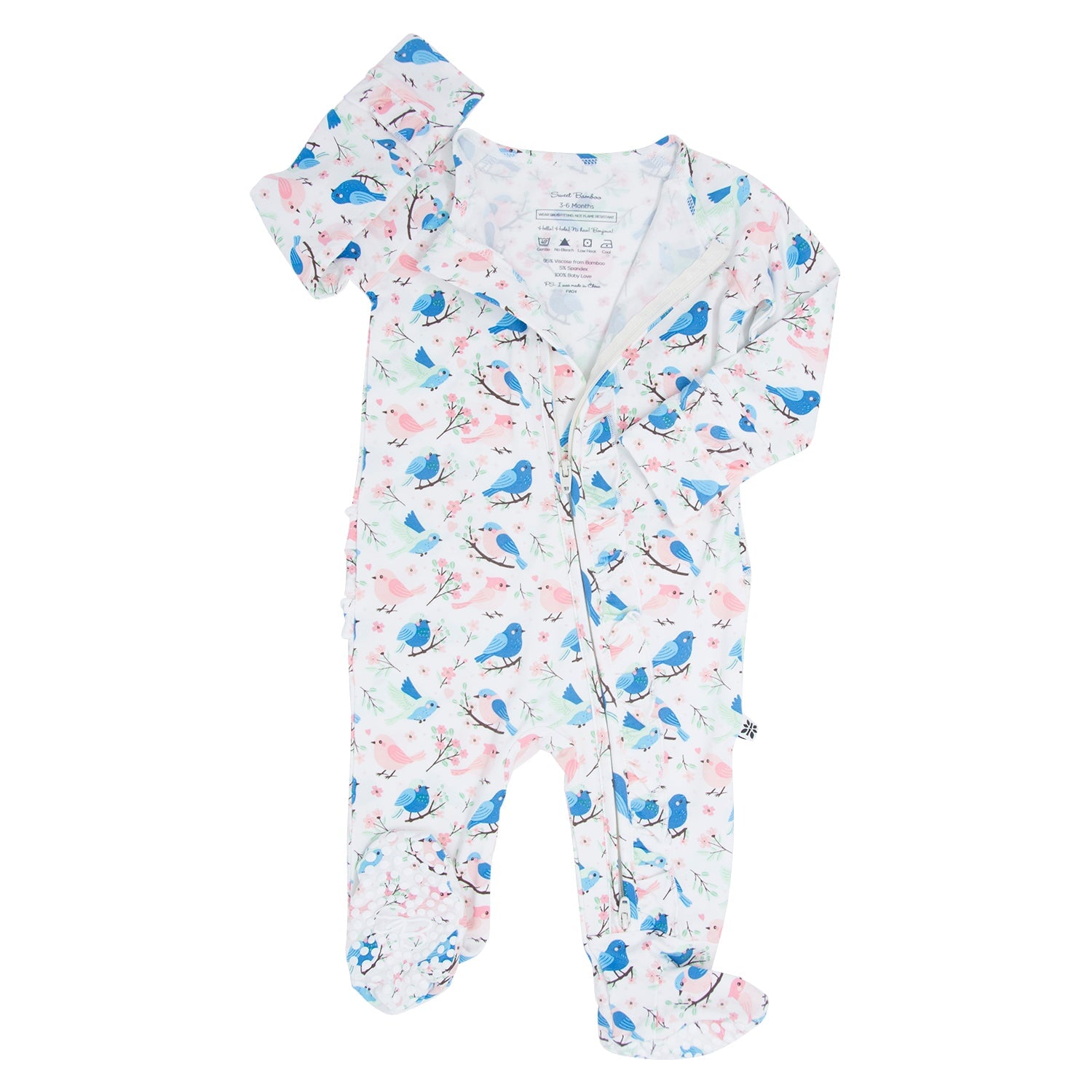 Pink and Blue Songbirds Ruffle Baby Footie