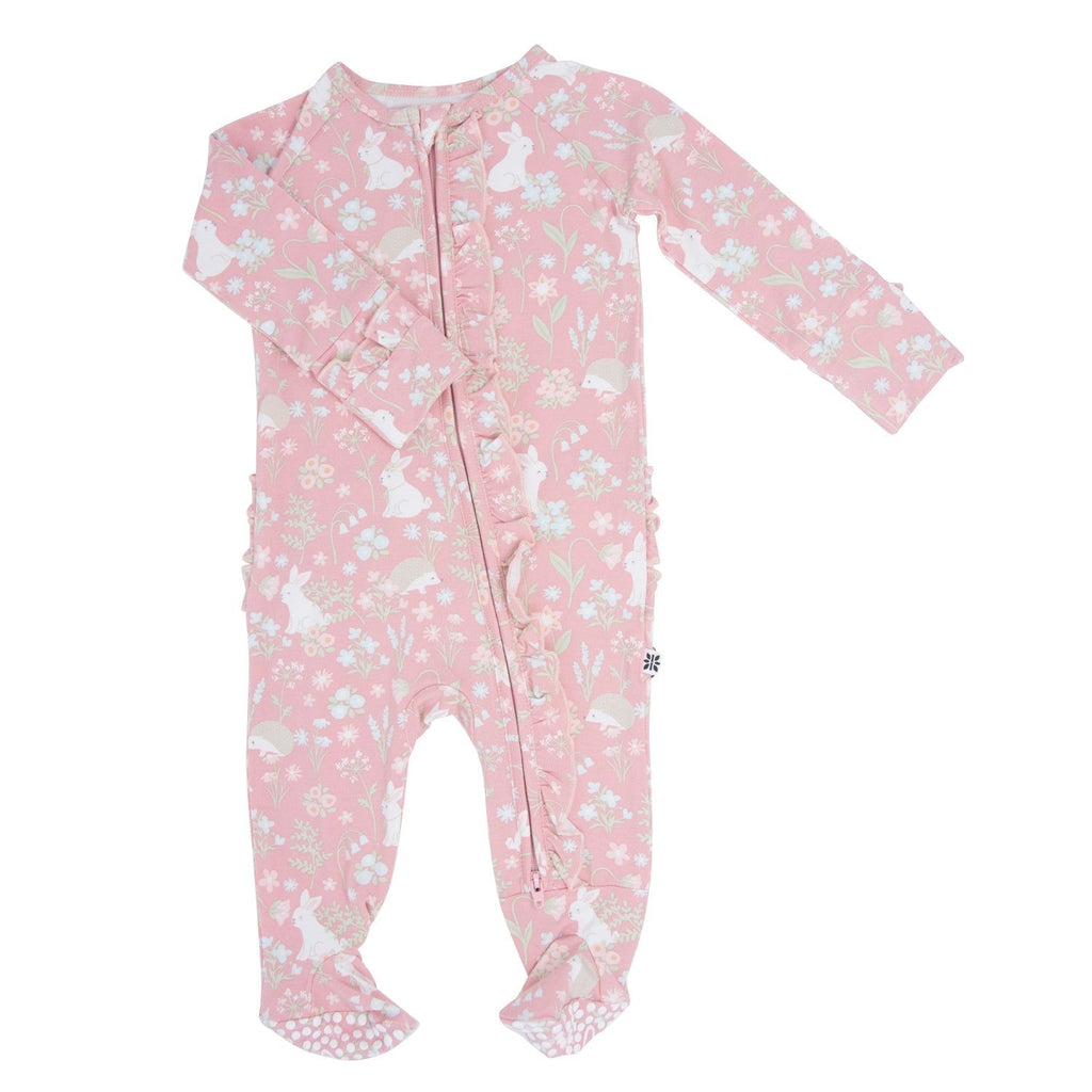 Pink Bunny Floral Baby Ruffle Footie