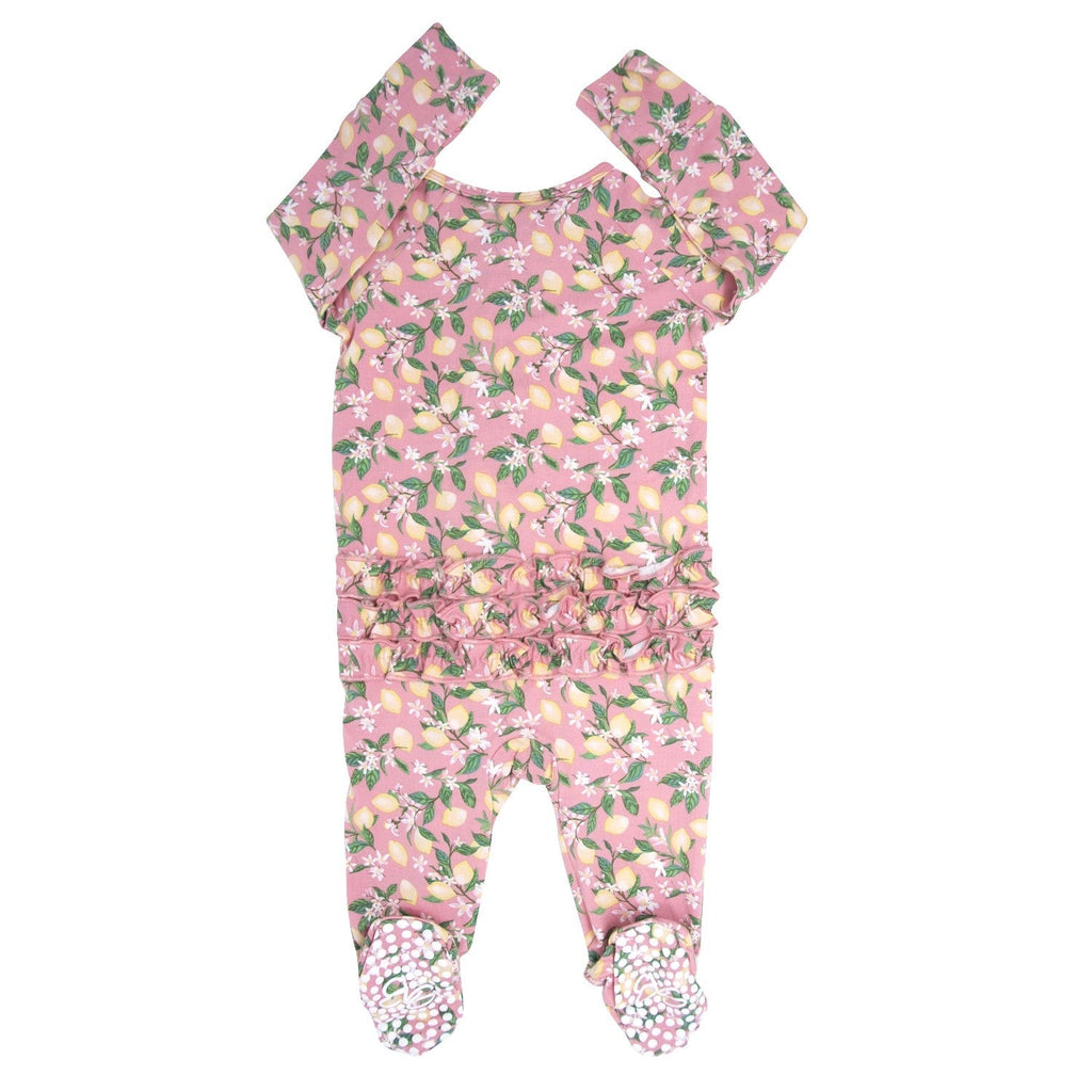 Pink Lemon Floral Print Ruffle Footie