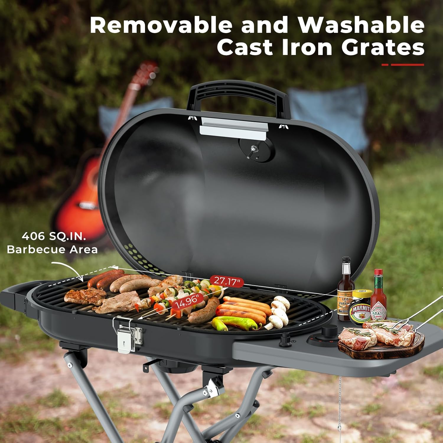 Portable  Propane Gas Grill, 15000BTUS, 348 SQ Inch  Cooking Areas, for Outdoor Camping/Tailgating/Picnic, Black