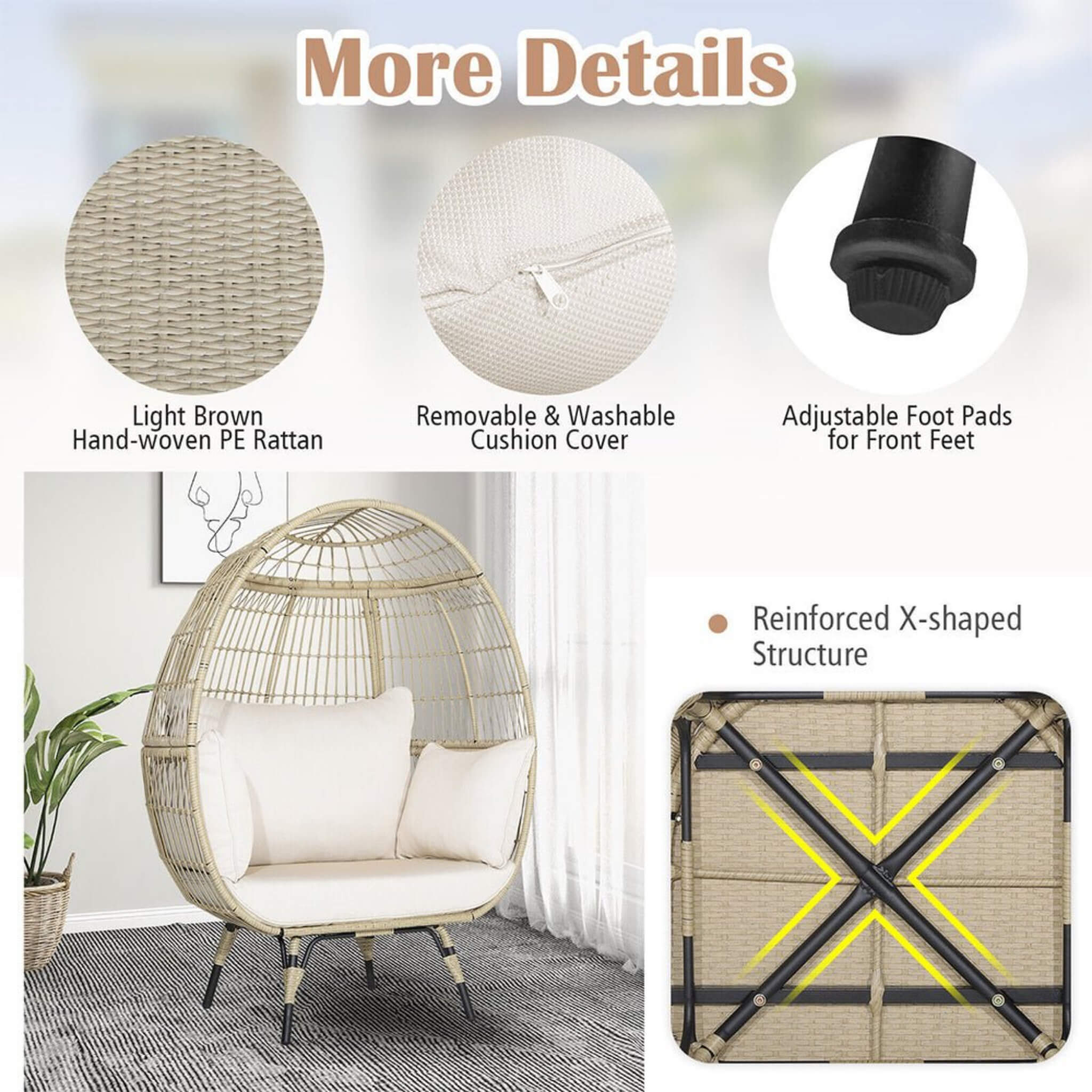 Premium Oversized Rattan Patio Egg Lounge Chair Basket With Cushions, 57" (SAK91684)