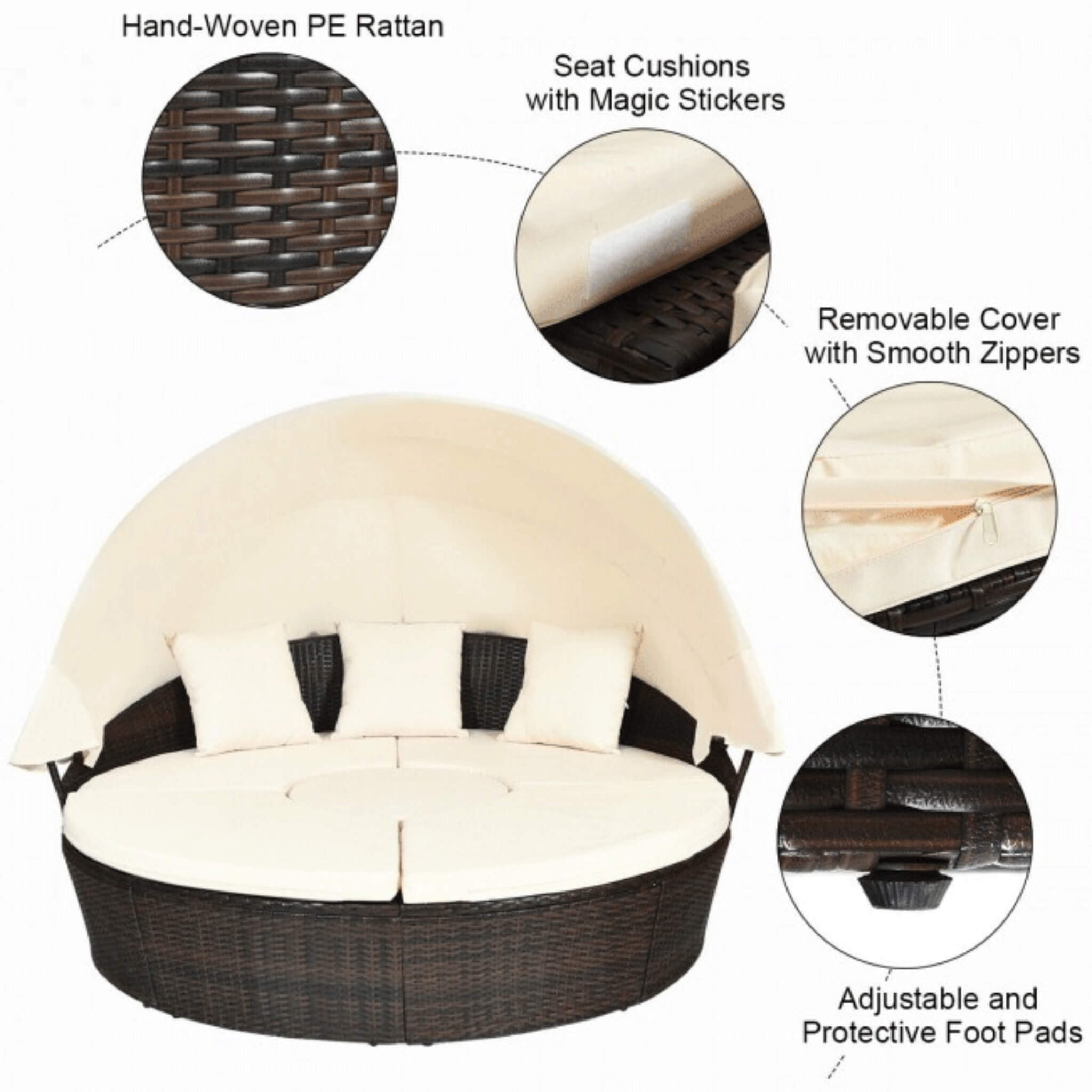 Premium Round Outdoor Patio Rattan Daybed W/ Canopy & Table, 76" (SAK96418)