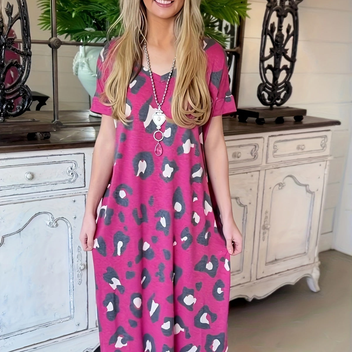 Printed pocket slit V-neck short sleeved long skirt for women