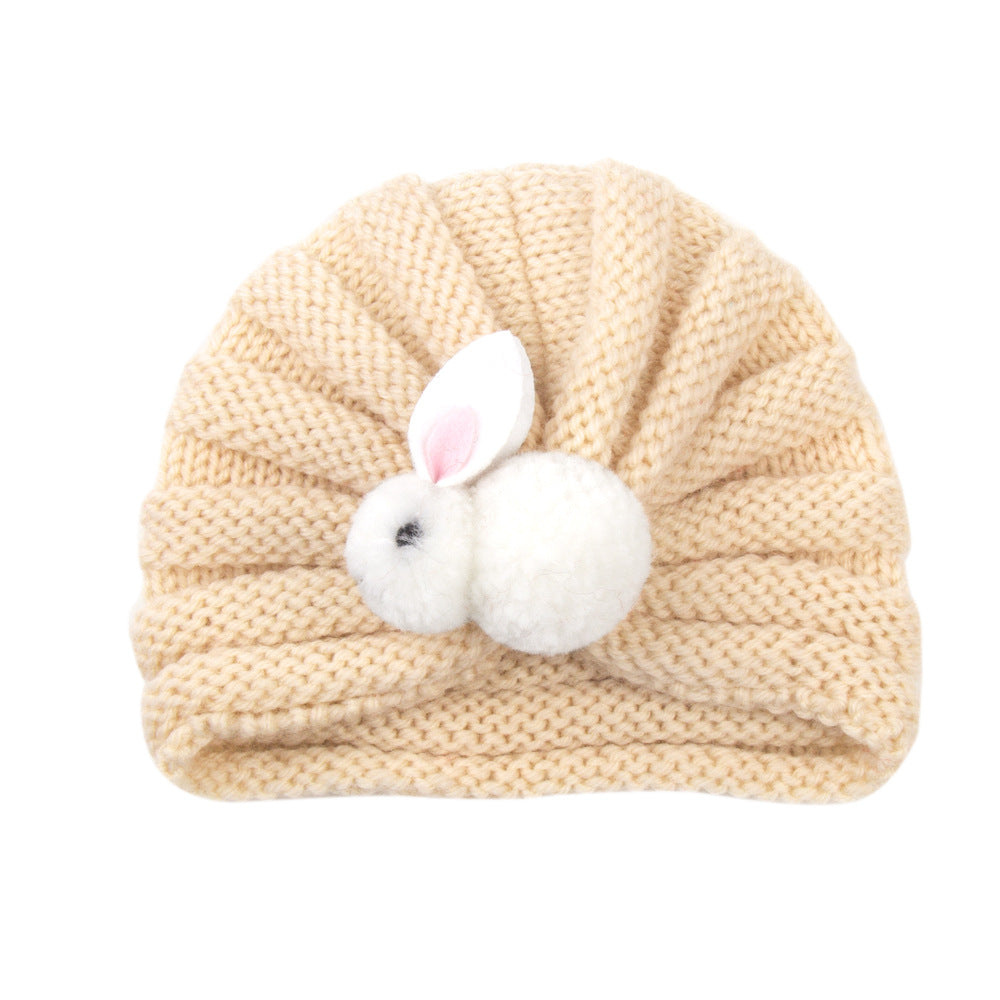 Newborn Baby Solid Color Rabbit Patched Design Wool Knitting Tire Caps
