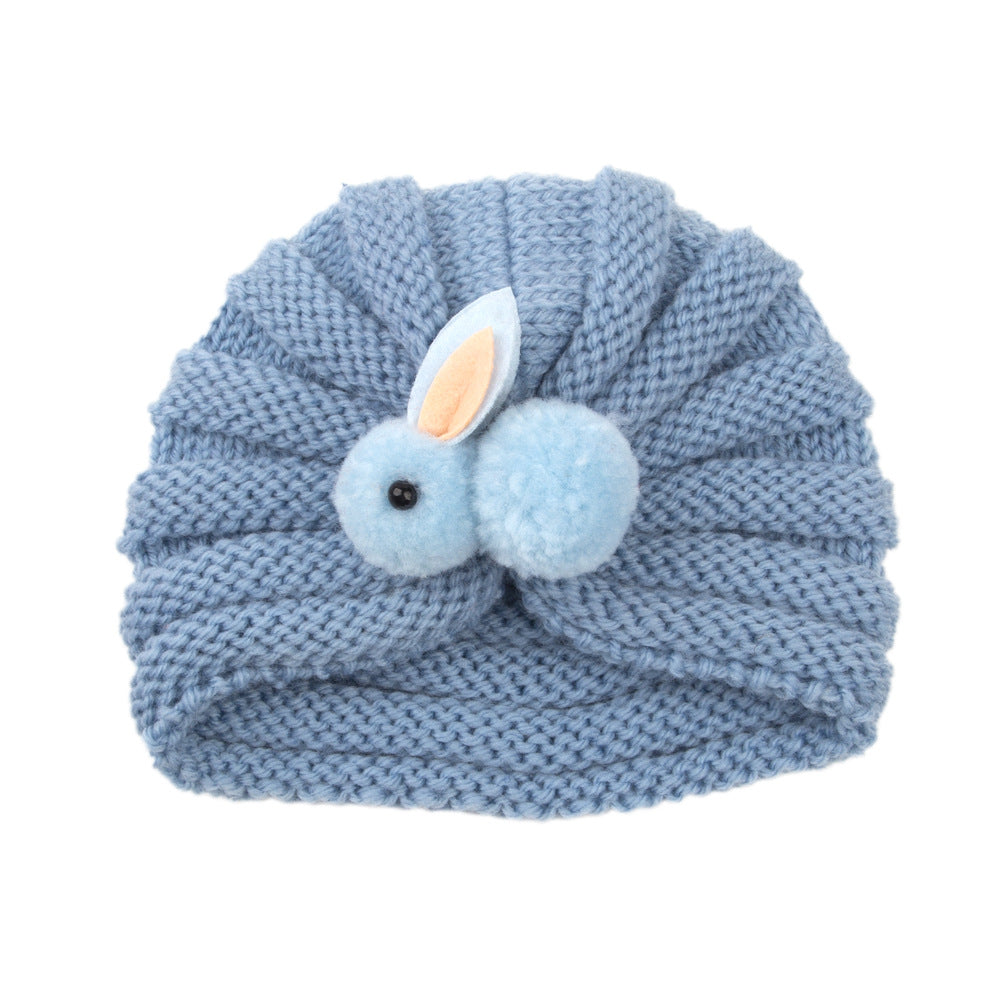 Newborn Baby Solid Color Rabbit Patched Design Wool Knitting Tire Caps