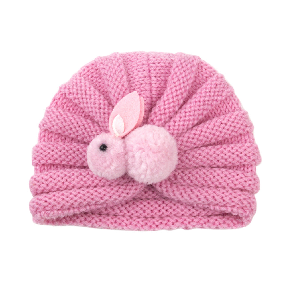 Newborn Baby Solid Color Rabbit Patched Design Wool Knitting Tire Caps