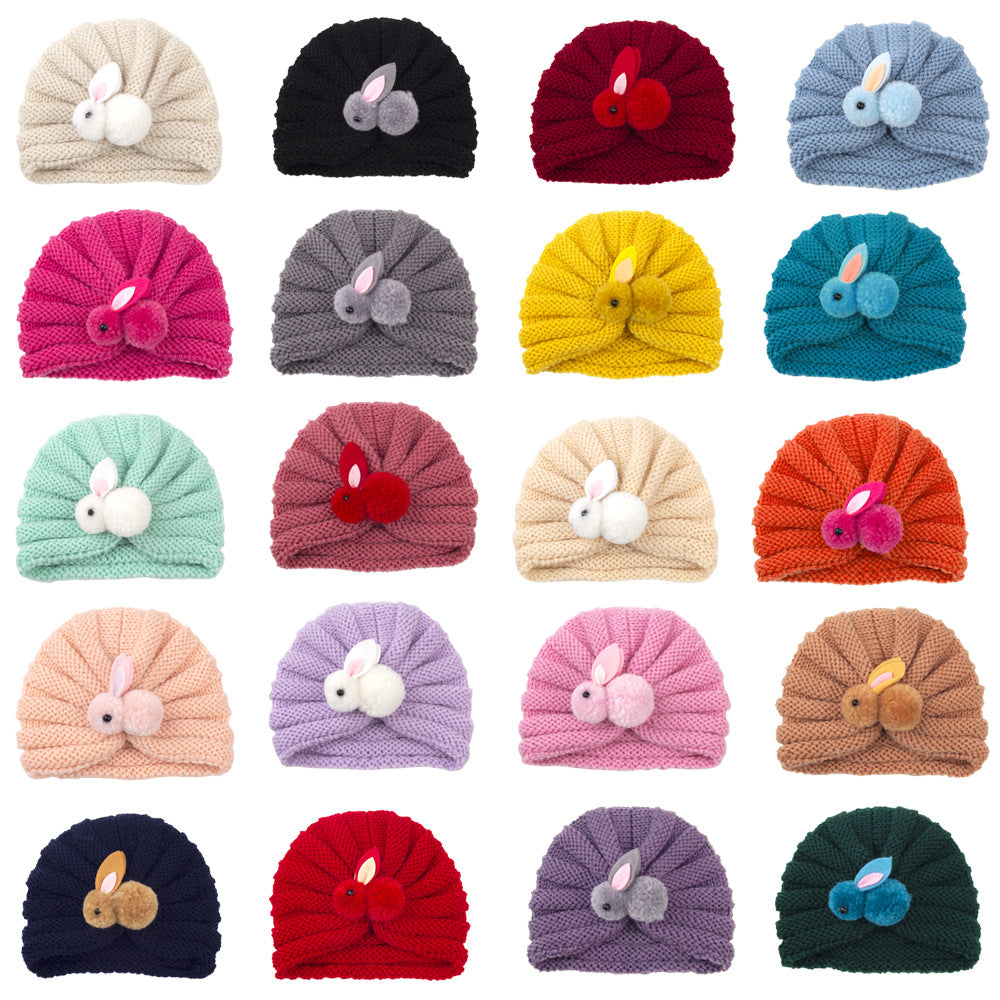 Newborn Baby Solid Color Rabbit Patched Design Wool Knitting Tire Caps