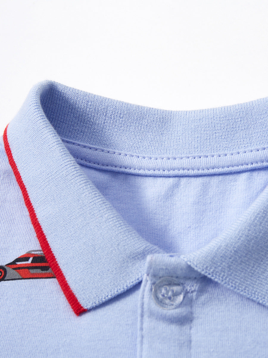 Baby Kids Boys Blue Racing Car Print Short Sleeves Polo Shirt