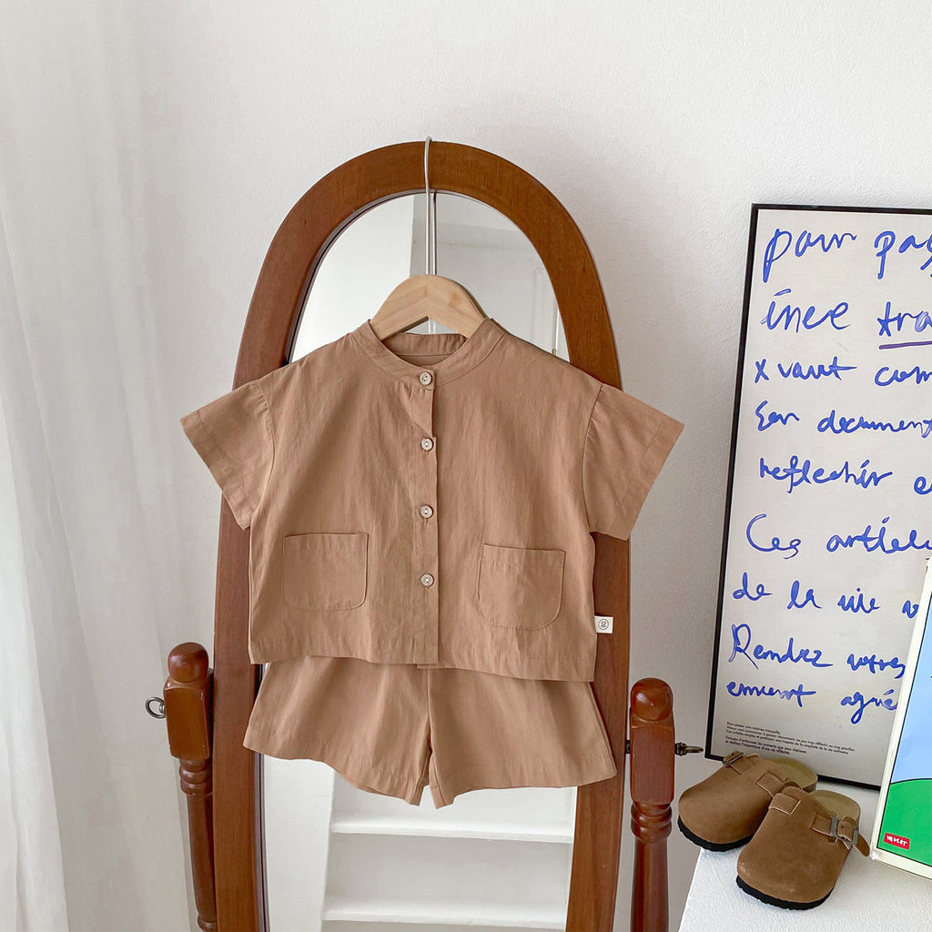 Baby Kids Boys Plaid/Solid Short Sleeves Top Shirt And Shorts Casual Clothing Set