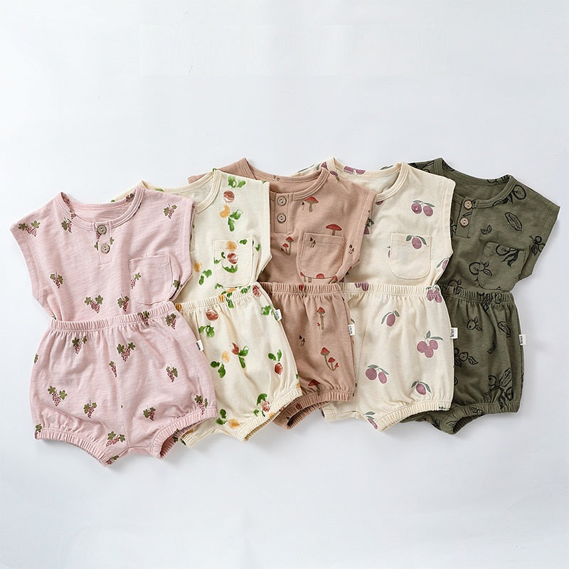 Summer Baby Kids Unisex Floral/Fruit Printing Sleeveless Crew Neck Vest And Shorts Clothing Sets