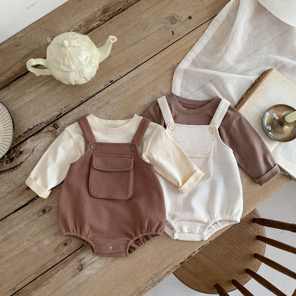 Baby Cartoon Print Tops With Waffle Fabric Strap Onesies Sets