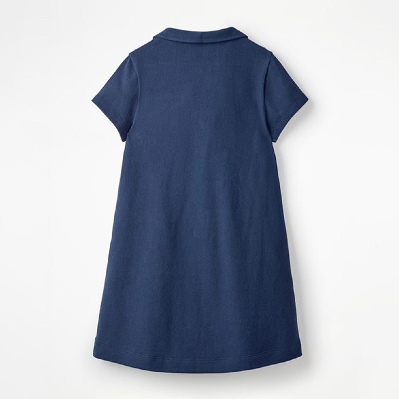 Summer Arrival Girls Short Sleeves Horse Racing Cartoon Turn-Down Collar Dress
