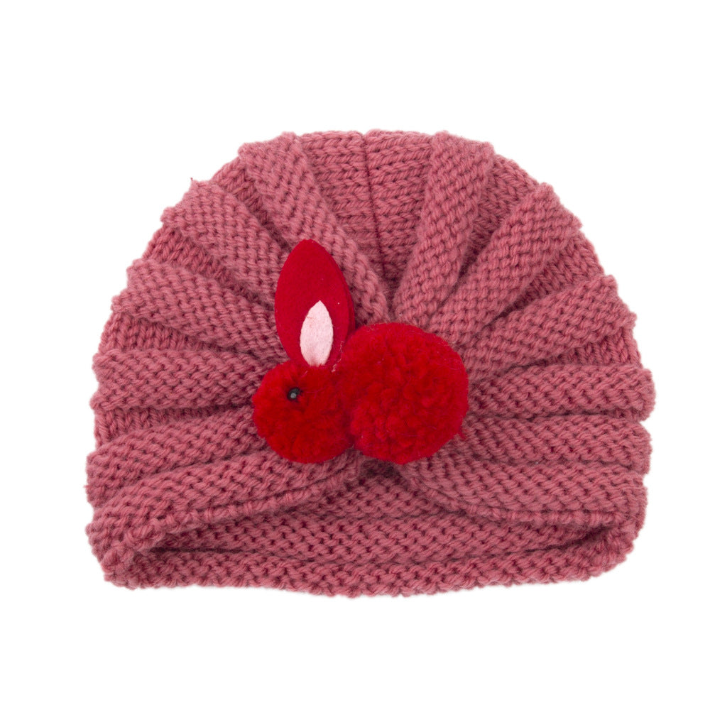 Newborn Baby Solid Color Rabbit Patched Design Wool Knitting Tire Caps