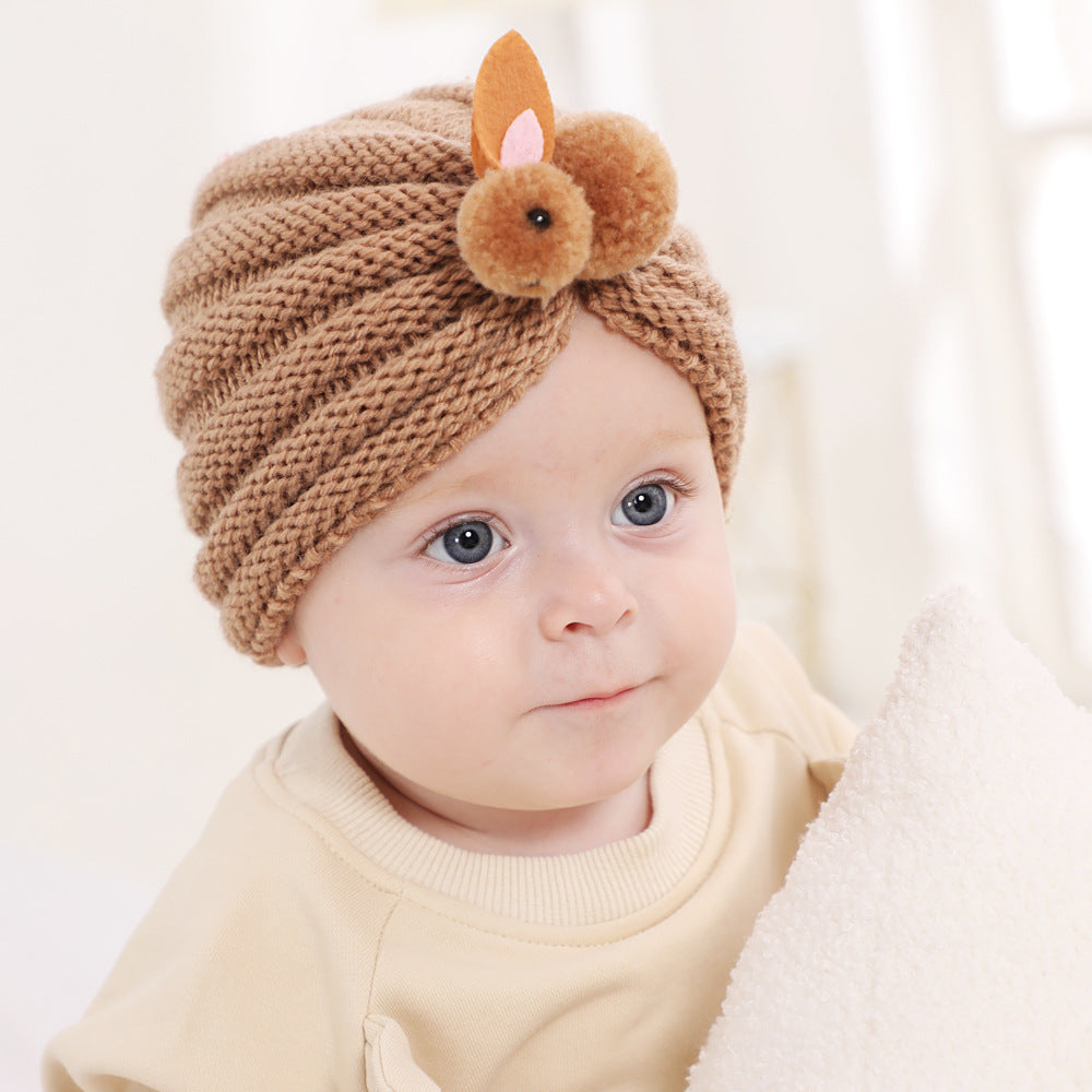 Newborn Baby Solid Color Rabbit Patched Design Wool Knitting Tire Caps