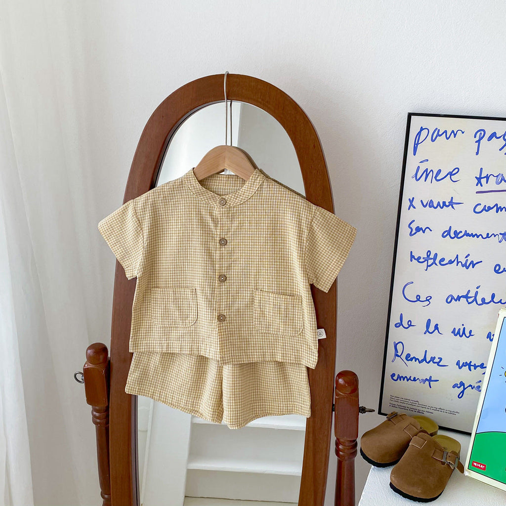 Baby Kids Boys Plaid/Solid Short Sleeves Top Shirt And Shorts Casual Clothing Set