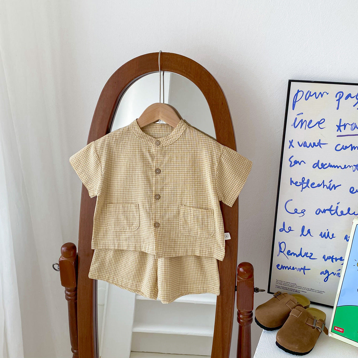 Baby Kids Boys Plaid/Solid Short Sleeves Top Shirt And Shorts Casual Clothing Set