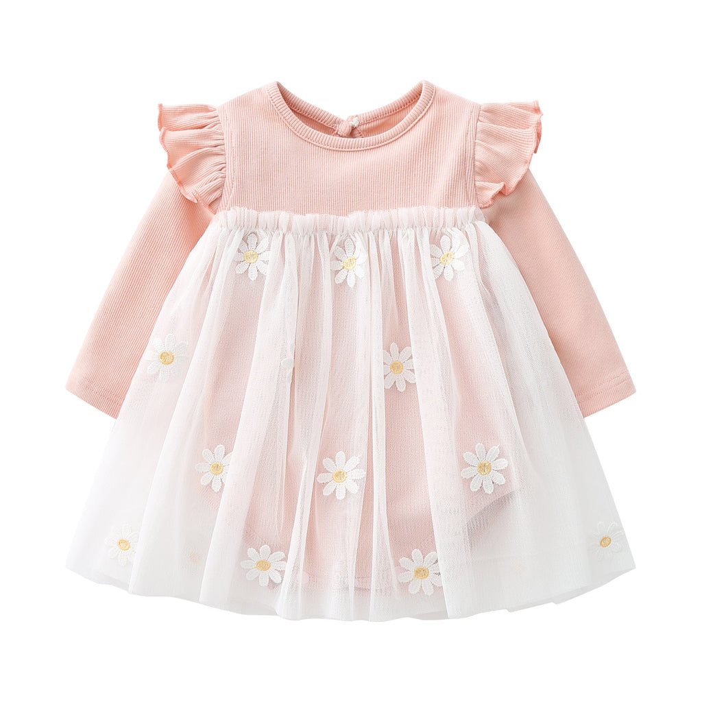 Baby Girls Floral Lace Patchwork Design Ruffle Long-Sleeved Dress Onesies In Spring & Autumn