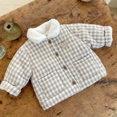 Baby Solid Color Or Plaid Pattern Cartoon Bear Decoration Quilted Warm Coat