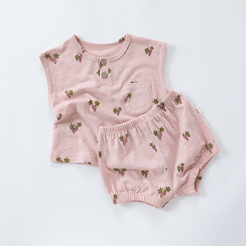 Summer Baby Kids Unisex Floral/Fruit Printing Sleeveless Crew Neck Vest And Shorts Clothing Sets