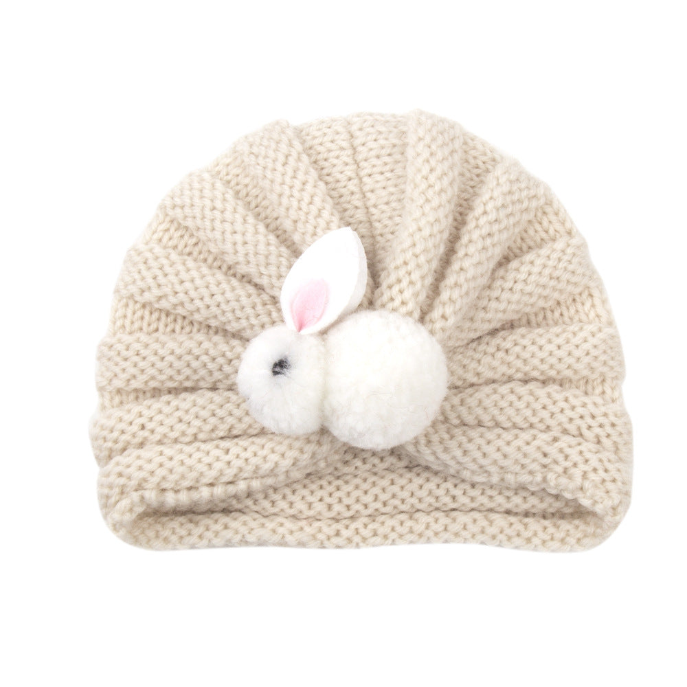 Newborn Baby Solid Color Rabbit Patched Design Wool Knitting Tire Caps
