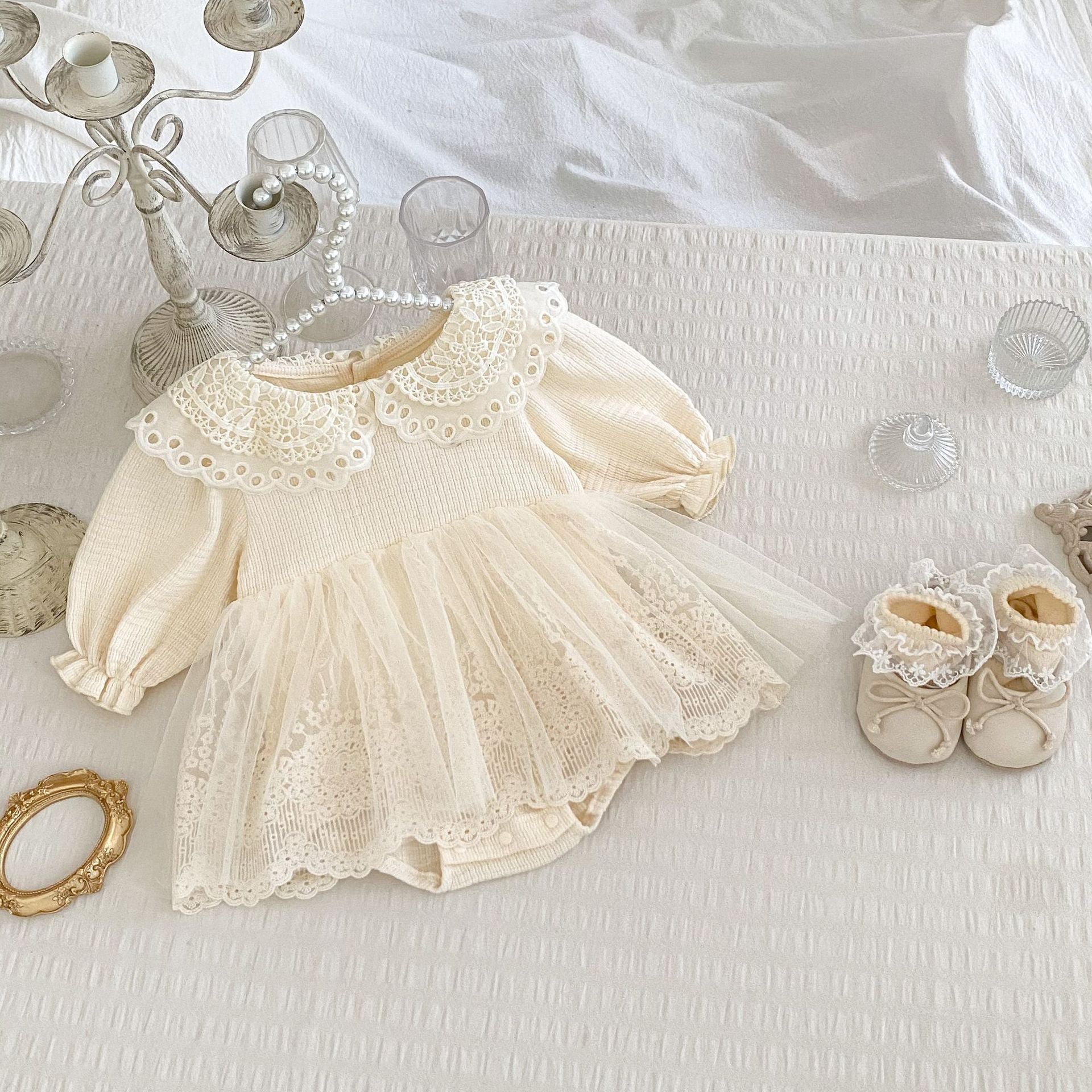 Autumn Arrival Baby Girls Knitted Long Sleeves Solid Color Floral Embroidered Tulle Patchwork Bodysuits Onesies Dress