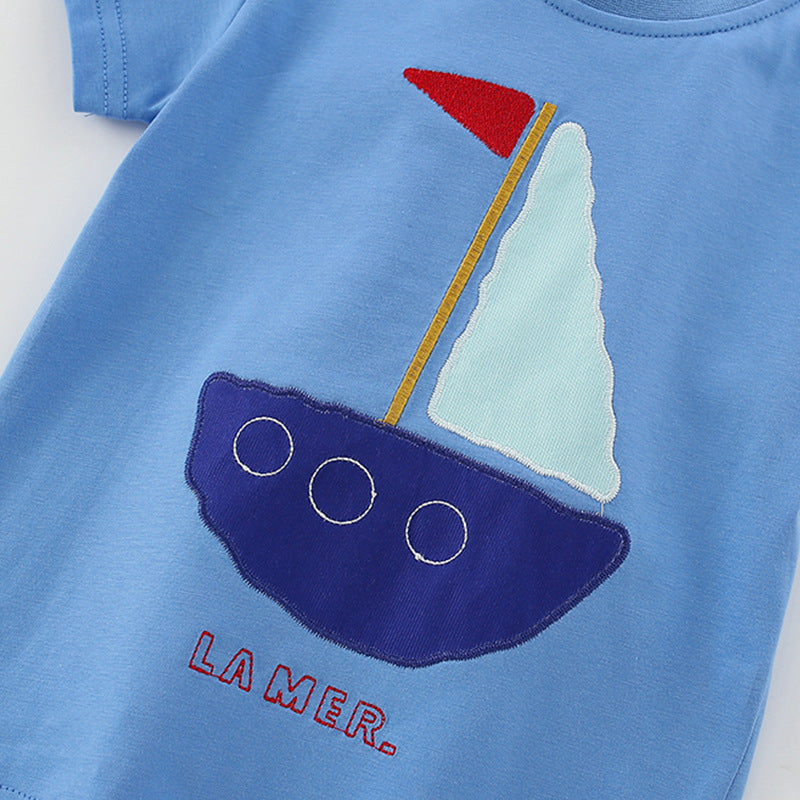 Summer Baby Kids Geometric Boat Pattern T-shirt and Shorts Clothing Set for Boys
