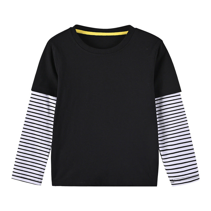 Boys And Girls Striped Sleeve Patchwork O-Neck Fake 2-Pieces Hoodie In Autumn