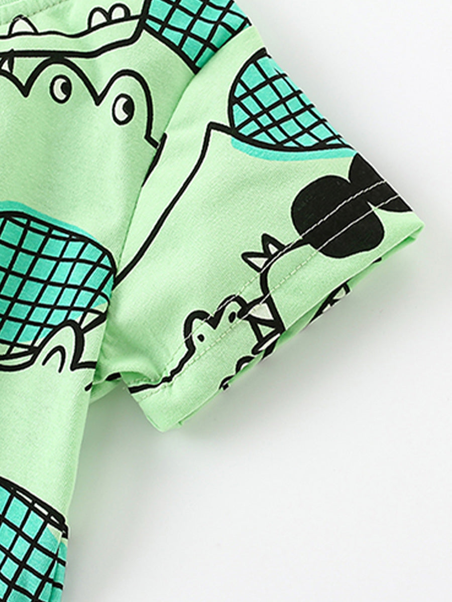 Summer Baby Kids Unisex Alligator Animals Cartoon Pattern Short Sleeves T-Shirt And Shorts Casual Clothing Set