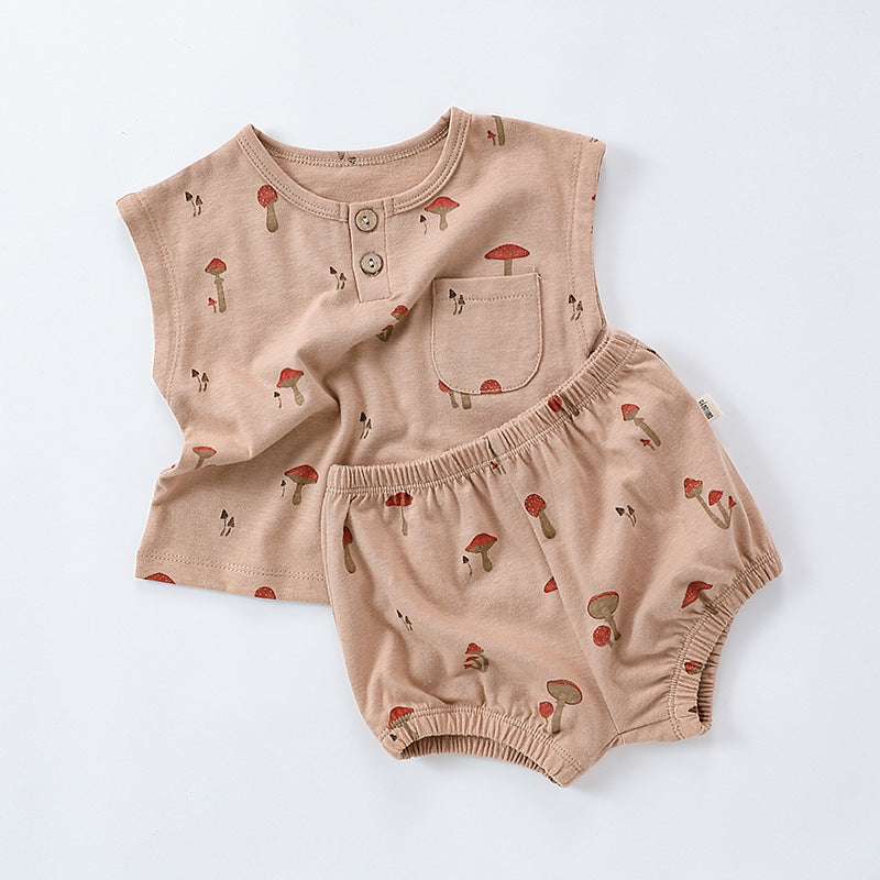 Summer Baby Kids Unisex Floral/Fruit Printing Sleeveless Crew Neck Vest And Shorts Clothing Sets