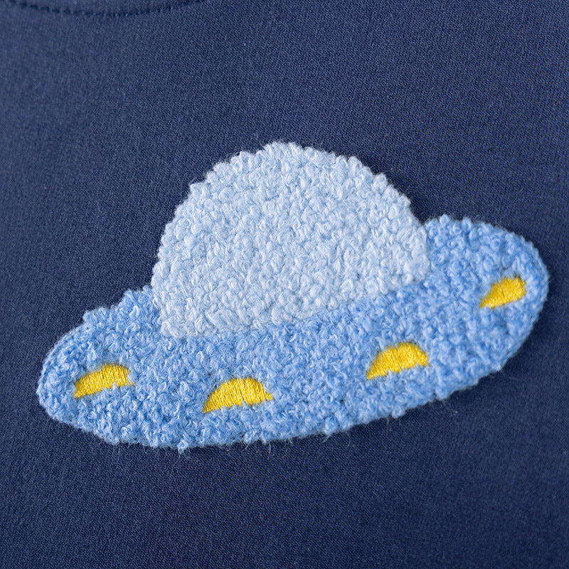 Autumn Arrival Kids Boys Rocket and Planet Cartoon Pattern Crew Neck Long Sleeves Top Sweatshirt