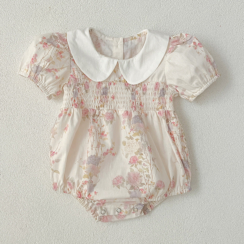 Arrival Summer Girls Peter Pan Collar Short Sleeves Floral Print Onesies And Dress – Princess Sister Matching Set