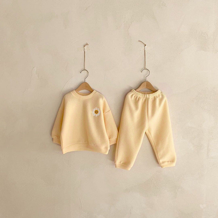 Baby Solid Color Sunflower Patched Pattern Hoodies With Pants Sets