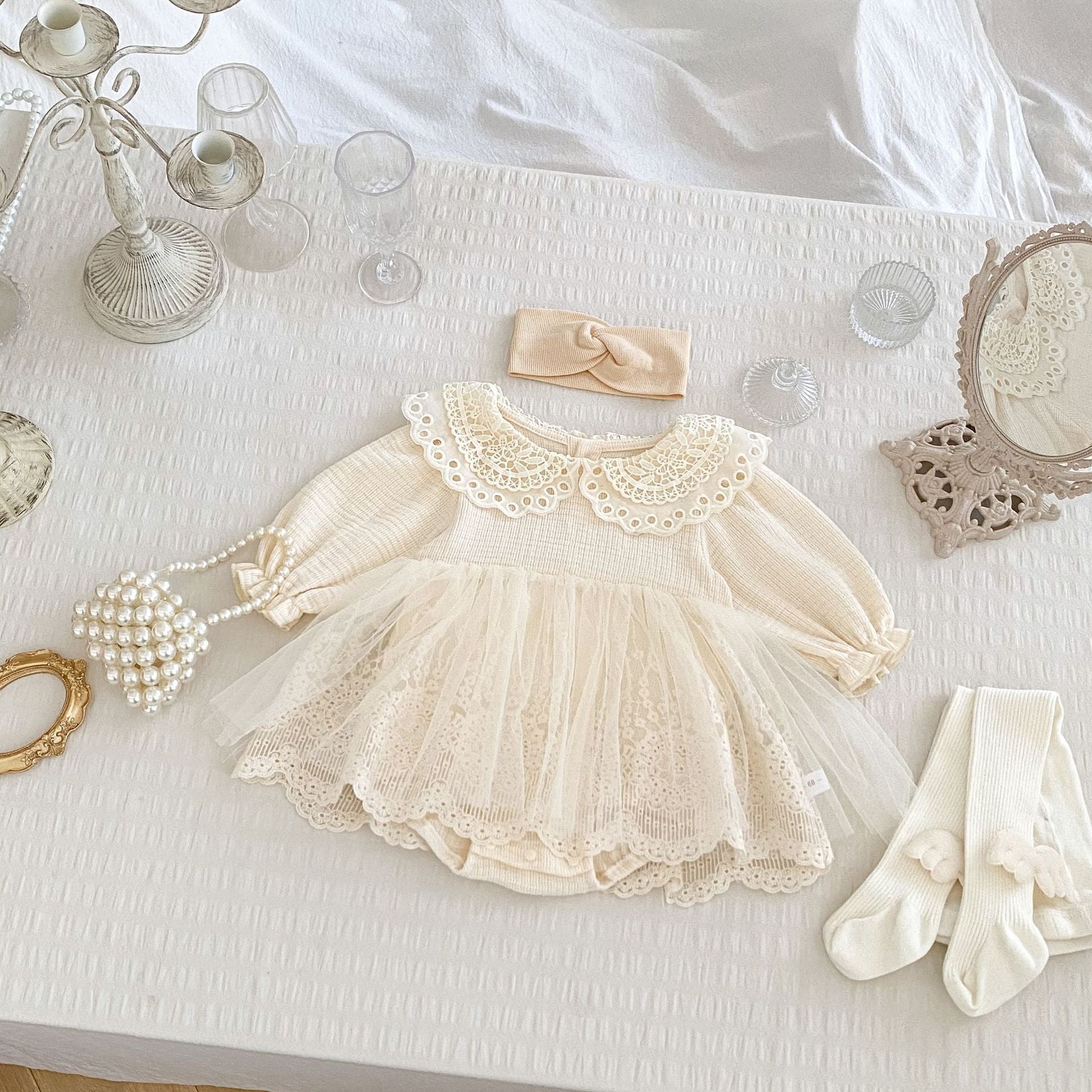 Autumn Arrival Baby Girls Knitted Long Sleeves Solid Color Floral Embroidered Tulle Patchwork Bodysuits Onesies Dress