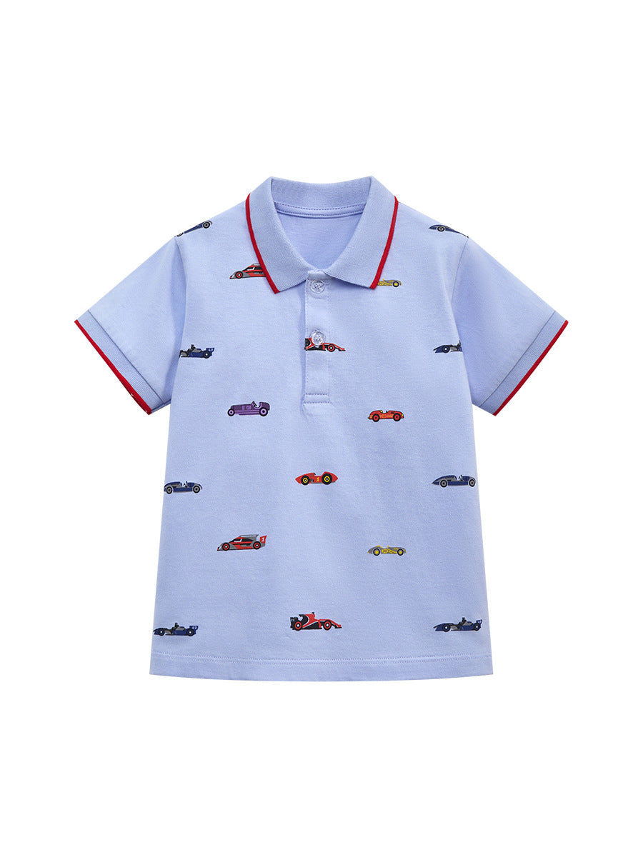 Baby Kids Boys Blue Racing Car Print Short Sleeves Polo Shirt