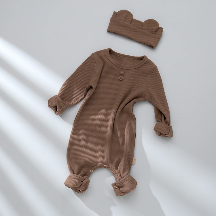 Baby Solid Color Pit Strip Graphic Long Sleeves Soft Cotton Romper Jumpsuit With Headband
