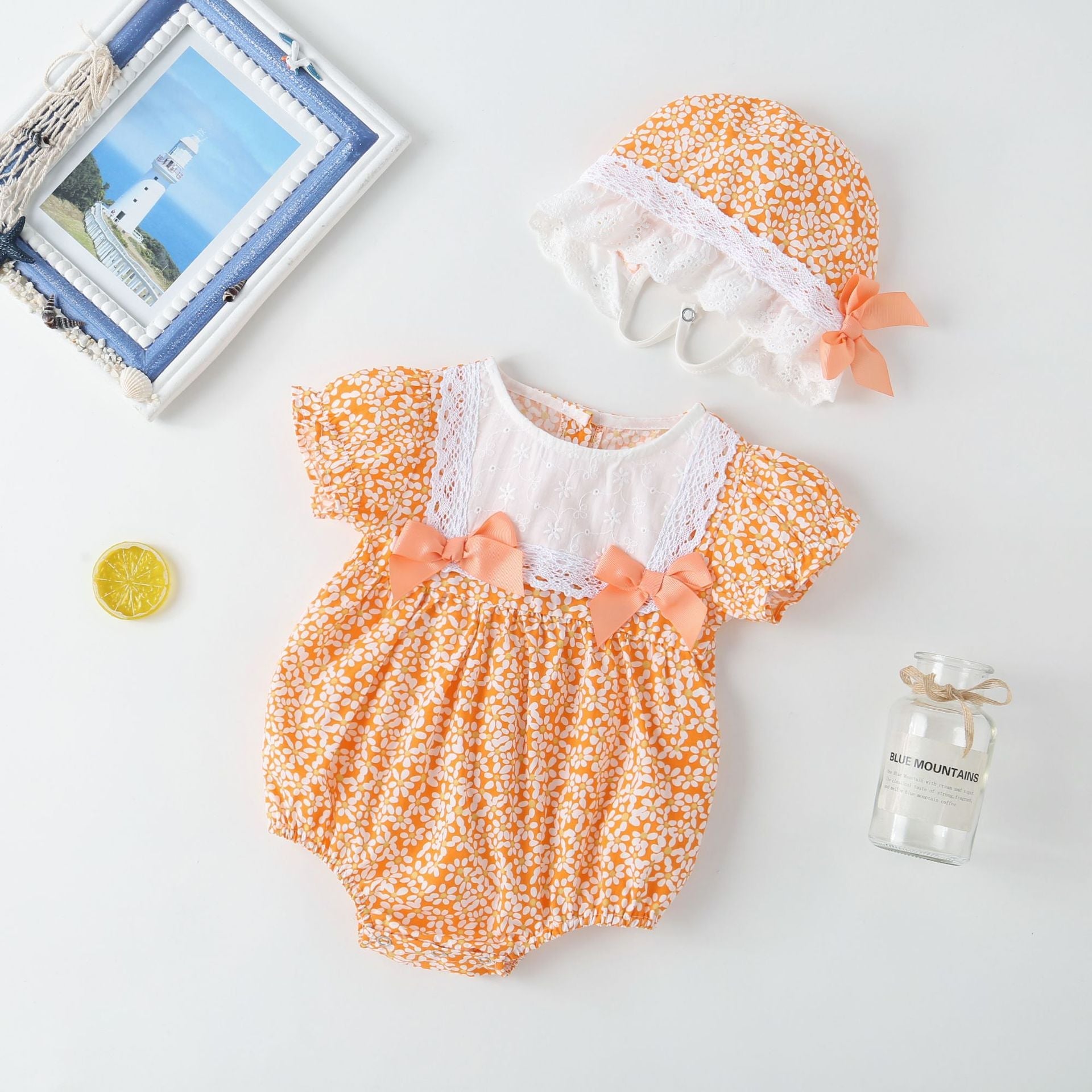 Baby Girl Floral Pattern Lace Patchwork Round Collar Short-Sleeved Colorful Cotton Onesies With Hat
