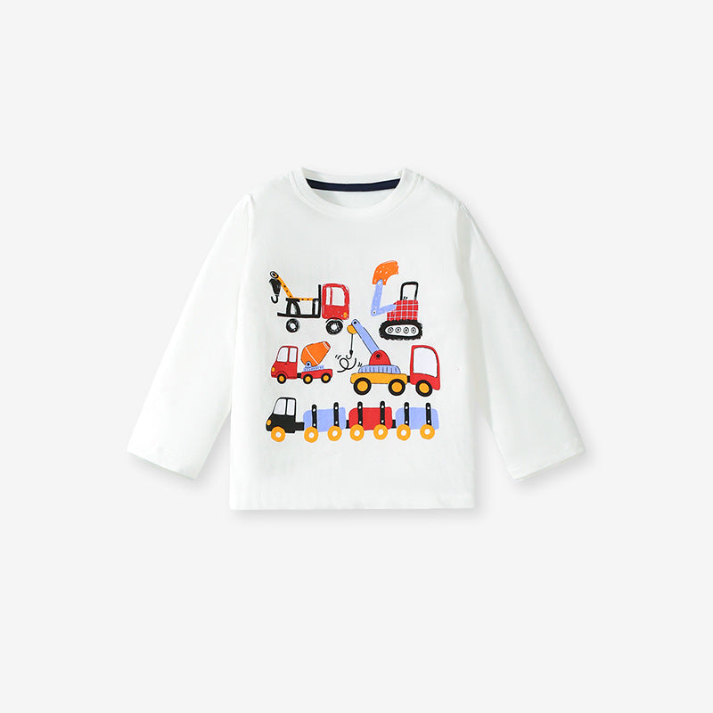 Spring And Autumn Boys Cartoon Vehicles Pattern Long Sleeves Top T-Shirt And Solid Color Pants Clothing Set
