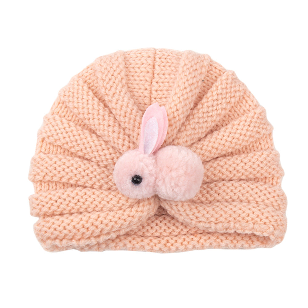 Newborn Baby Solid Color Rabbit Patched Design Wool Knitting Tire Caps