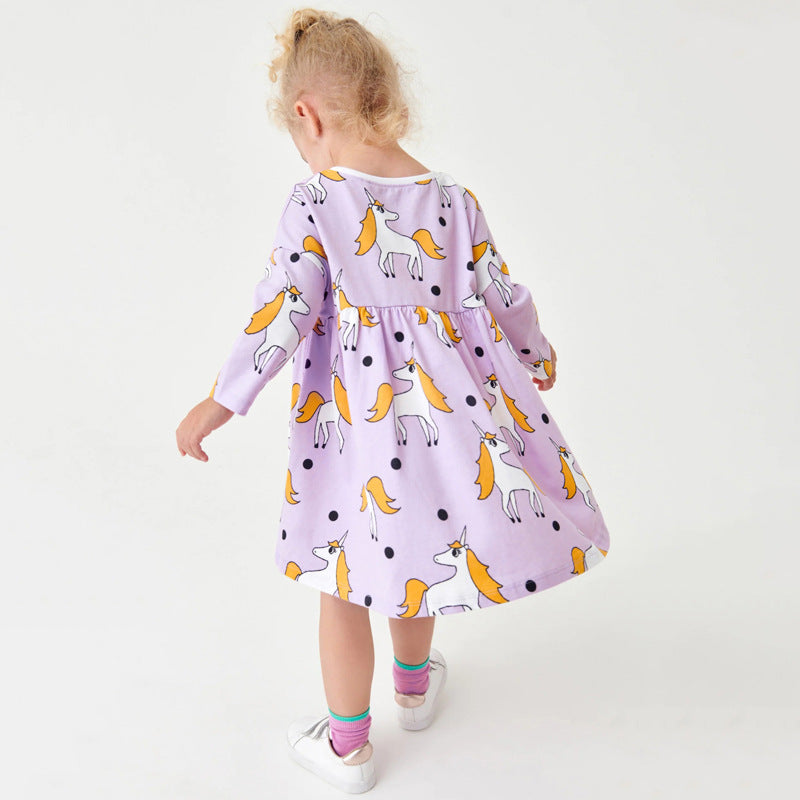 Baby Girl Unicorn Pattern Long Sleeves New Style Dress In Autumn Wearing Outfits