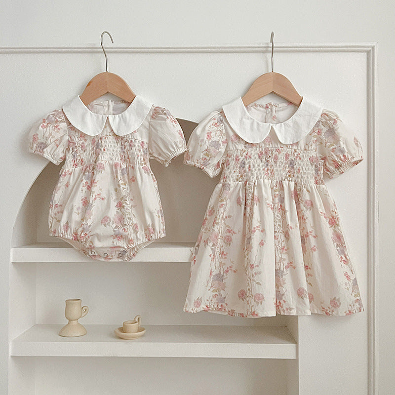 Arrival Summer Girls Peter Pan Collar Short Sleeves Floral Print Onesies And Dress – Princess Sister Matching Set