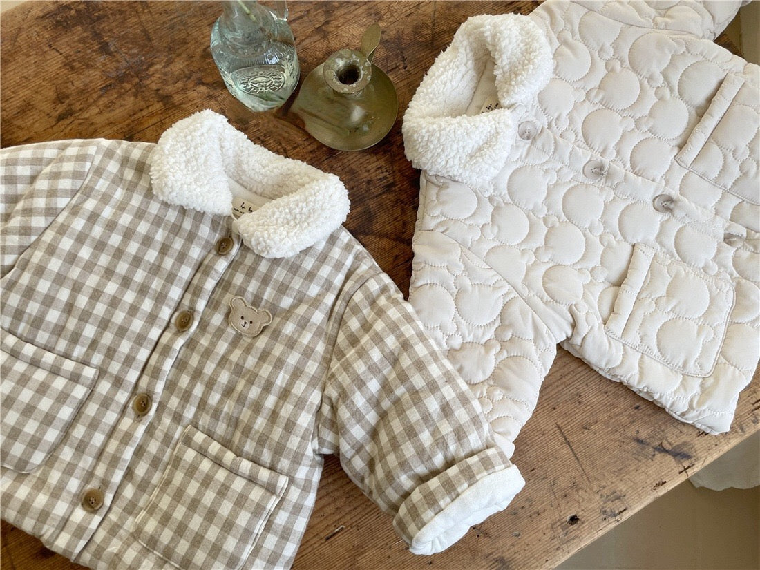 Baby Solid Color Or Plaid Pattern Cartoon Bear Decoration Quilted Warm Coat