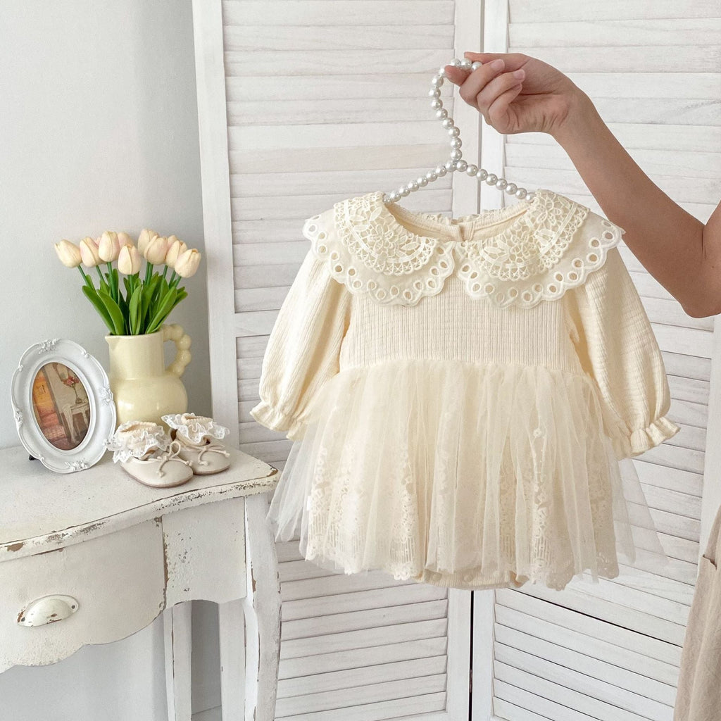 Autumn Arrival Baby Girls Knitted Long Sleeves Solid Color Floral Embroidered Tulle Patchwork Bodysuits Onesies Dress